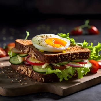 A hearty sandwich with a boiled egg, cucumber, tomato, radish, and cheese, served on a wooden cutting board