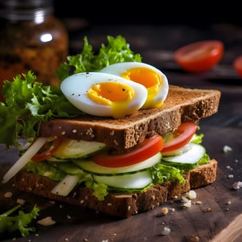 A close-up shot of a freshly made egg sandwich with various vegetables on a wooden table, featuring a vibrant and appetizing presentation.