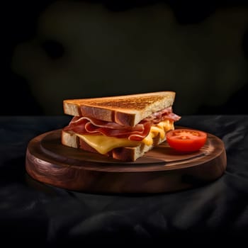 A toasted grilled cheese sandwich with ham, melted cheese, and a slice of tomato on a wooden cutting board.