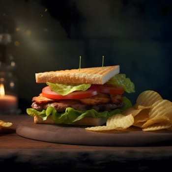 A close-up shot of a juicy burger sandwich served on a wooden plate with crispy potato chips.