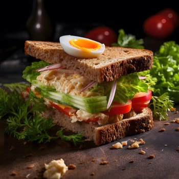 A close-up shot of a sandwich with egg, lettuce, tomato, cucumber, and bread. It looks very delicious and tempting. The sandwich is placed on a wooden surface with some greens around it.