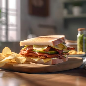 Close up of a delicious bacon, cheese, and pickle sandwich with potato chips on a wooden table.