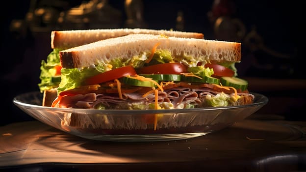 A close-up of a delicious ham and veggie sandwich on a plate.