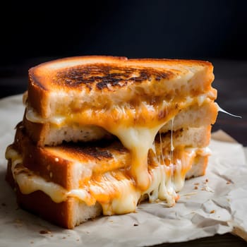 A close-up of a gooey, melted grilled cheese sandwich, showcasing its golden-brown crust and oozing cheese.