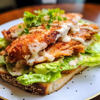 Close-up of a crispy chicken caesar salad sandwich with lettuce, dressing and sesame seeds.