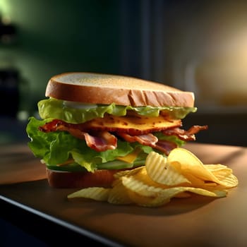 A close-up of a delicious bacon cheeseburger sandwich with potato chips on a brown surface