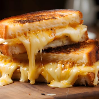 A close-up of a gooey, melted grilled cheese sandwich, with the cheese oozing out from the sides.