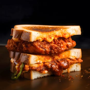 A close-up shot of a spicy Korean fried chicken sandwich, featuring a toasted bread filled with crispy fried chicken, melted cheese and a tangy sauce