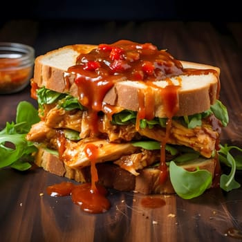 A mouthwatering pulled chicken sandwich topped with a sweet and spicy sauce and fresh lettuce. The sandwich is layered with juicy chicken and a tangy sauce, creating a satisfying and flavorful meal.