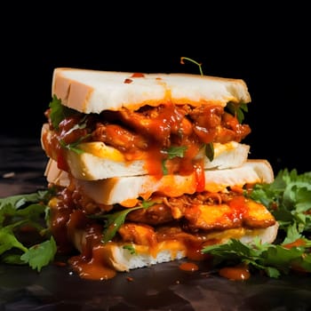A close-up view of a delicious spicy chicken sandwich. The sandwich is layered with chicken, cheese, sauce, and herbs.