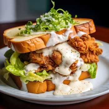 A close-up shot of a delicious fried chicken sandwich with creamy sauce on a white plate