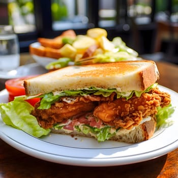 A close-up shot of a crispy fried chicken sandwich on a white plate. The sandwich has lettuce, tomato, and a creamy sauce. The chicken is fried to perfection and the bread is toasted golden brown.