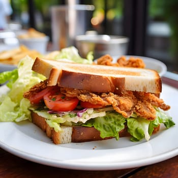 A crispy fried chicken sandwich served on a white plate with fresh lettuce, tomato, and onion. It's a delicious and satisfying meal for any occasion.