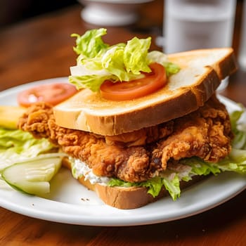 A close-up photo of a delicious fried chicken sandwich with lettuce, tomato, and cucumber on a white plate.