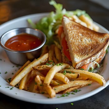 A classic grilled cheese sandwich with tomato and lettuce, served with a side of french fries and ketchup.