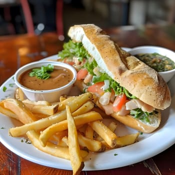 A close-up shot of a mouthwatering sandwich served with a side of fries and gravy. The sandwich is piled high with fresh ingredients like lettuce, tomato, and meat, while the fries are golden brown and crispy.