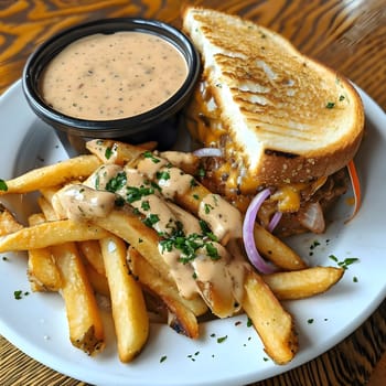 A close-up of a plate of french fries with a creamy sauce and a grilled cheese sandwich on the side.