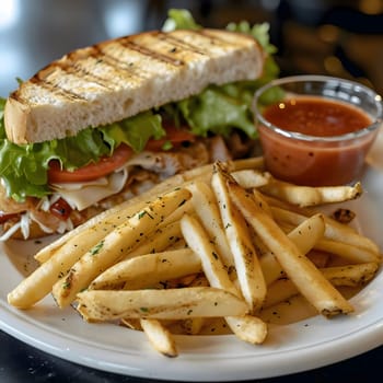 A delicious grilled cheese sandwich served with crispy French fries and a side of tomato sauce.