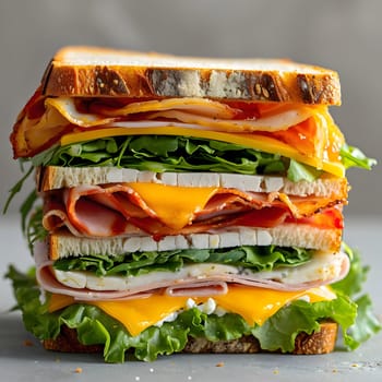 A close-up of a multi-layered sandwich with ham, turkey, and cheese. This mouthwatering sandwich is perfect for lunch or dinner!