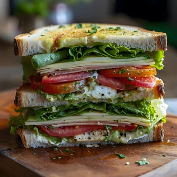 A close-up of a delicious sandwich with fresh ingredients like tomatoes, cheese, lettuce, and ham.