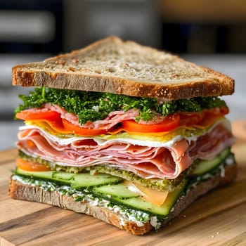 A close-up shot of a delicious homemade sandwich with ham, cheese, cucumber and tomato on a wooden board.