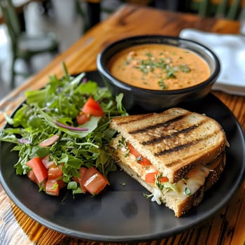 A grilled cheese sandwich on a black plate with a side salad and a bowl of soup. The sandwich is cut in half and is filled with cheese, tomato, and herbs. The salad is a mix of greens, tomatoes, and herbs.