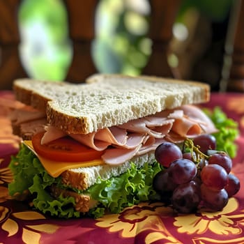 A close-up image of a delicious sandwich with ham, cheese, tomato, lettuce and grapes. It looks fresh and tasty.