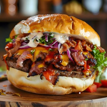 Close-up view of a mouthwatering cheeseburger with bacon, red onion, lettuce, and tomatoes, perfectly grilled and ready to be devoured.