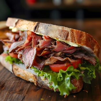 Close-up of a delicious pastrami sandwich with fresh lettuce and tomato on a wooden table.