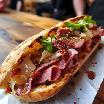 A close-up shot of a delicious pastrami sandwich with arugula and cheese. The sandwich is grilled and toasted, and the meat is piled high. It's a perfect meal for lunch or dinner.