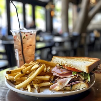 A close-up shot of a mouthwatering sandwich with multiple layers of meat, cheese, and vegetables, accompanied by a side of golden-brown fries and a refreshing glass of iced tea. This satisfying lunch meal is perfect for a casual dining experience.
