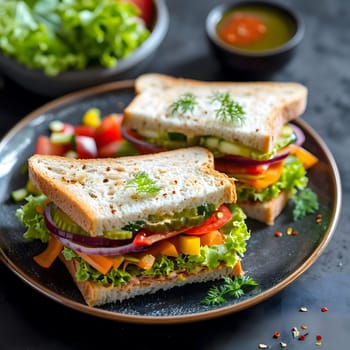 A close-up of two delicious veggie sandwiches with fresh ingredients, tomato, cucumber, onion, lettuce and bread on a plate.