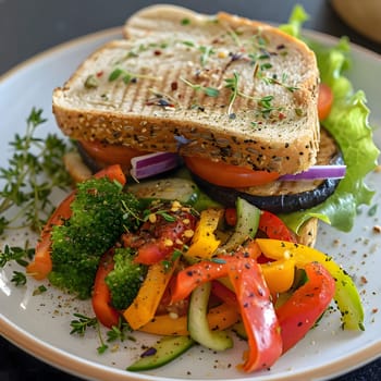 A mouthwatering sandwich filled with fresh vegetables like tomato, cucumber, and broccoli, served on a plate with a side of salad. The sandwich is grilled to perfection and looks incredibly delicious and healthy.