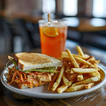 Close-up of a delicious sandwich with crispy fries and a refreshing orange drink. The sandwich is filled with various ingredients, including cheese, meat, and vegetables, creating a visually appealing and satisfying meal.
