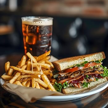 A delicious looking sandwich with fries and a cold drink on a wooden table. The sandwich looks fresh and tasty and the fries are golden brown and crispy.