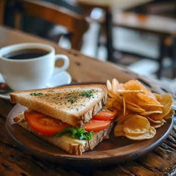 A close-up shot of a delicious sandwich with tomato, lettuce, and potato chips. The sandwich is on a wooden table in a cafe setting. The photo captures the simple yet satisfying nature of a classic meal.
