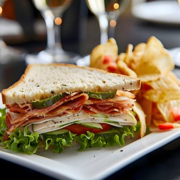 A close-up shot of a freshly made sandwich with ham, cheese, lettuce, tomato, cucumber and bread. The sandwich is on a white plate with a side of potato chips