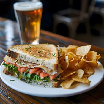 A delicious looking turkey sandwich with a side of potato chips, perfect for lunch or dinner.