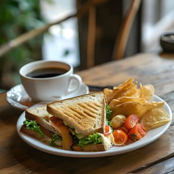 A close-up shot of a delicious grilled sandwich with chips and salad. The sandwich is cut in half, and it features grilled bread, fresh lettuce, tomato slices, and cheese filling. There's a side of crispy chips and a fresh salad with tomatoes. The food looks appetizing and ready to be enjoyed.