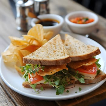 A delicious and gourmet sandwich with fresh tomato and cheese on a bed of crispy chips.