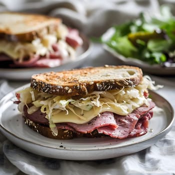 Close-up of a delicious Reuben sandwich with melted cheese, sauerkraut, and pastrami on rye bread. This sandwich is a classic deli favorite and a perfect meal for lunch or dinner.