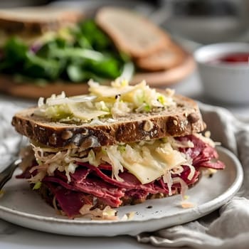 A close-up shot of a pastrami sandwich, the meat is piled high and the cheese is melted. This is the perfect lunch or dinner!