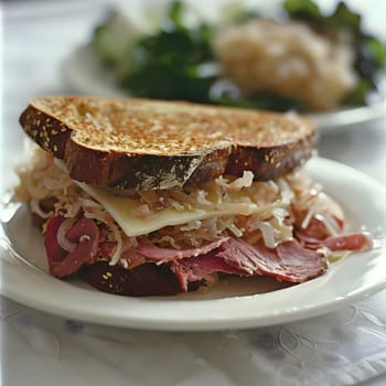 A grilled reuben sandwich with a toasted bread, cheese, and meat.
