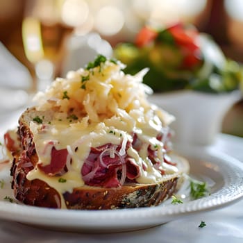 A mouthwatering sandwich with layers of cheese, sauerkraut, and meat on a bed of fresh bread.