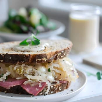 A close-up shot of a delicious Reuben sandwich with corned beef, sauerkraut, Swiss cheese, and thousand island dressing on rye bread.
