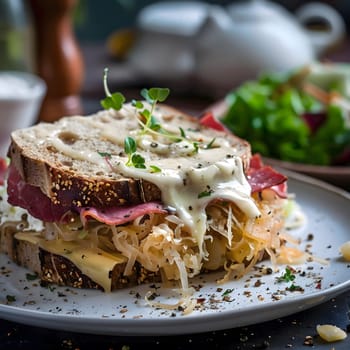 A close-up shot of a delicious Reuben sandwich with sauerkraut and thousand island dressing. The sandwich is piled high with corned beef, sauerkraut, and swiss cheese, all held together by two slices of rye bread.