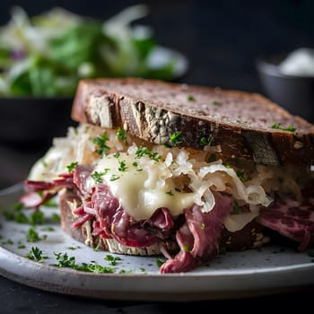 Close-up shot of a delicious Reuben sandwich with pastrami, sauerkraut, Swiss cheese and rye bread. A perfect meal for lunch or dinner.