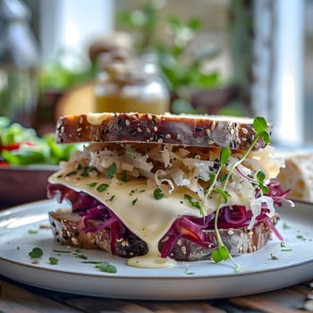 A close-up shot of a delicious sandwich with red cabbage, cheese, and herbs.