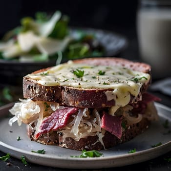 A close-up view of a delicious sauerbraten sandwich topped with melted cheese, sauerkraut, and other savory ingredients.