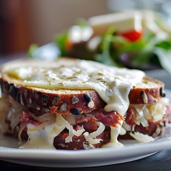 A close-up shot of a delicious sandwich with melted cheese, sauerkraut, and onions, capturing the rich flavors and textures of this classic dish.